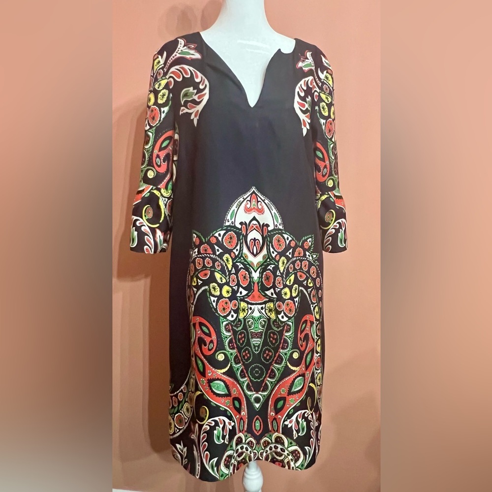 LOFT Sz 10 Vibrant Black/Multi Paisley Sheath Midi Dress w/ 3/4 Bell Sleeves